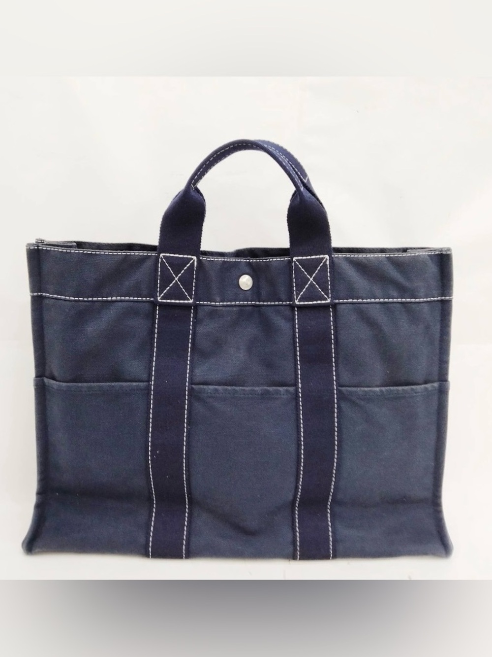 Hermes Navy Canvas Weekend Tote Bag